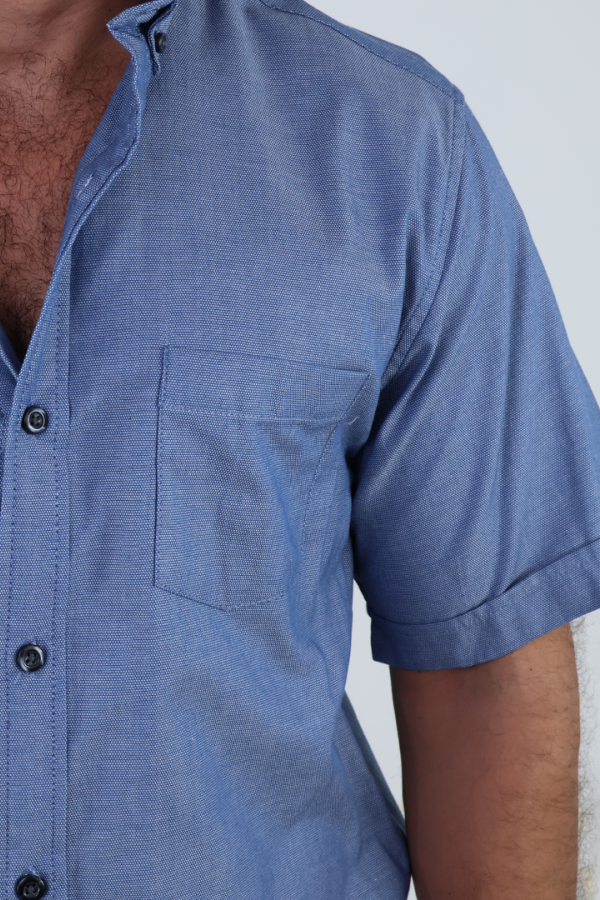 Camisa Formal Manga Corta Azul Jaspe Tela Con Textura para Hombre